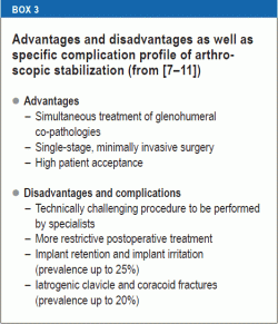 Vantagens e desvantagens, bem como perfil de complicação específica da estabilização artroscópica (de )