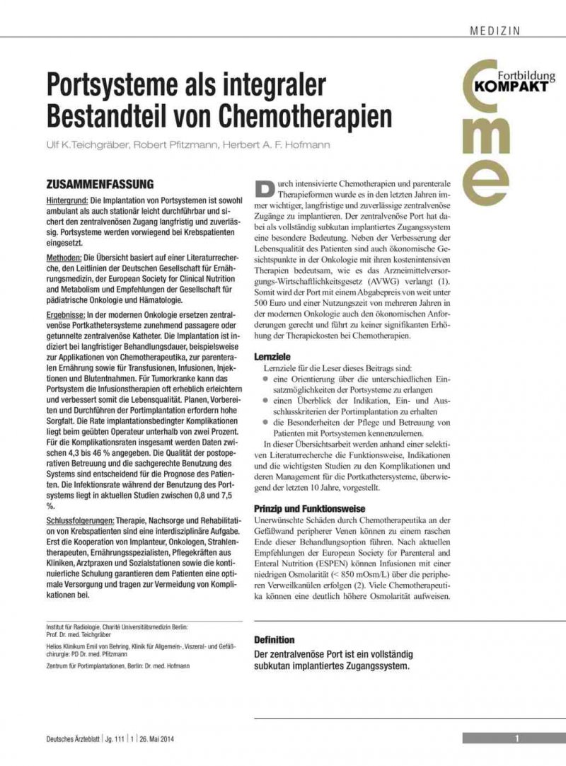 Portsysteme Als Integraler Bestandteil Von Chemotherapien