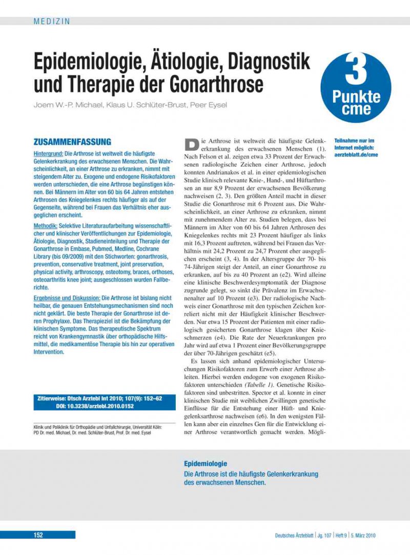 Epidemiologie Atiologie Diagnostik Und Therapie Der Gonarthrose