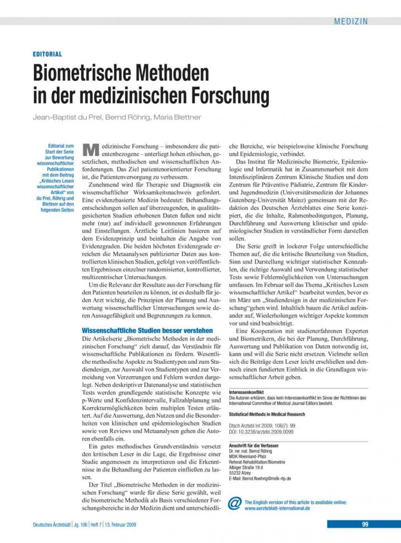 Biometrische Methoden In Der Medizinischen Forschung