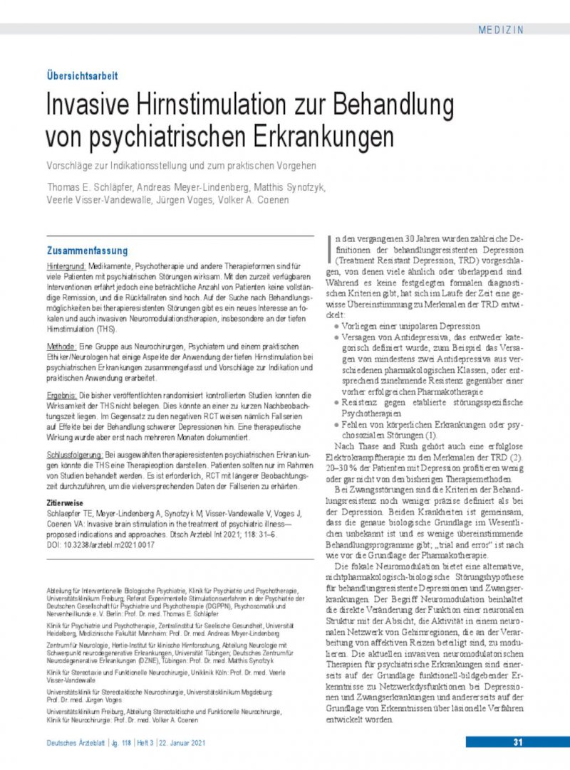 Invasive Hirnstimulation Zur Behandlung Von Psychiatrischen Erkrankungen