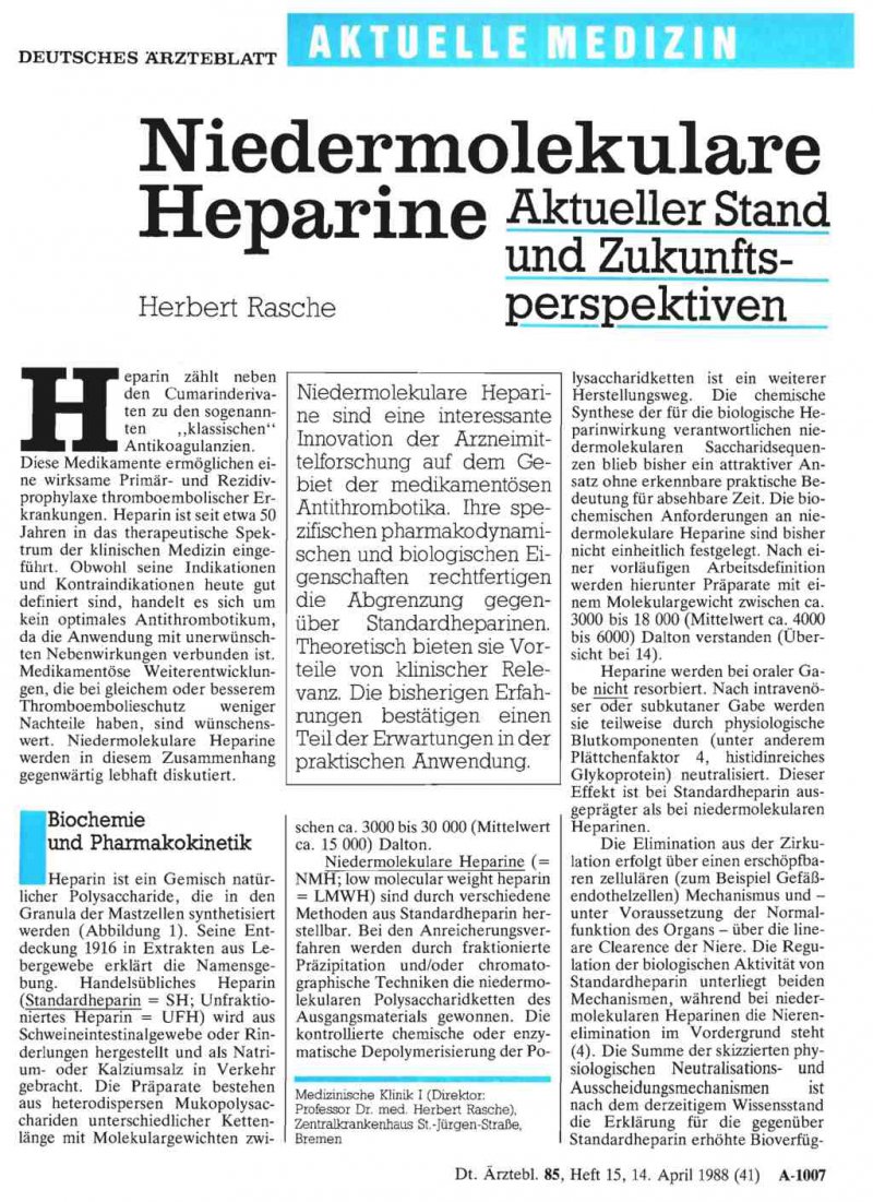 Niedermolekulare Heparine Aktueller Stand Und Zukunftsperspektiven