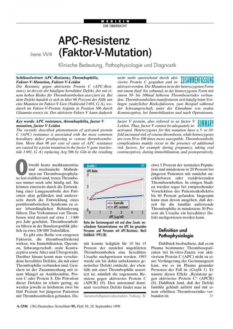 Apc Resistenz Faktor V Mutation Klinische Bedeutung Pathophysiologie Und Diagnostik
