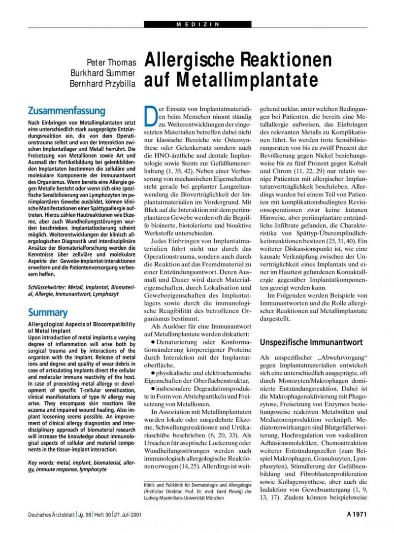 Allergische Reaktionen Auf Metallimplantate