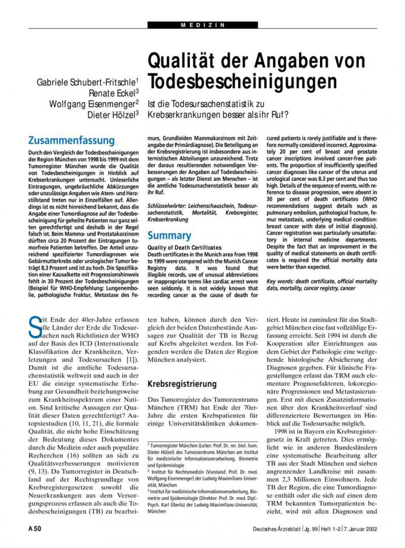 Qualitat Der Angaben Von Todesbescheinigungen Ist Die Todesursachenstatistik Zu Krebserkrankungen Besser Als Ihr Ruf